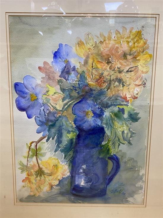 Sheila Cavell Hicks, watercolour, Azalea and the blue blossoms, signed and dated 89, 50 x 37cm